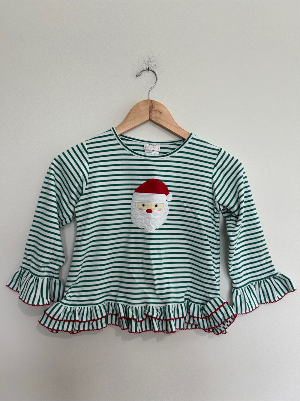 Smocked by Stellybelly Girls Striped Appliqué Santa Top Size 7 EUC
